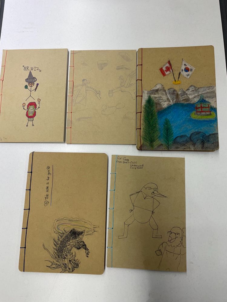 Three thread-bound notebooks with red, pink and light blue thread bindings and hand-drawn art on the themes of Canada-Korea collaboration and various camp teachers.
