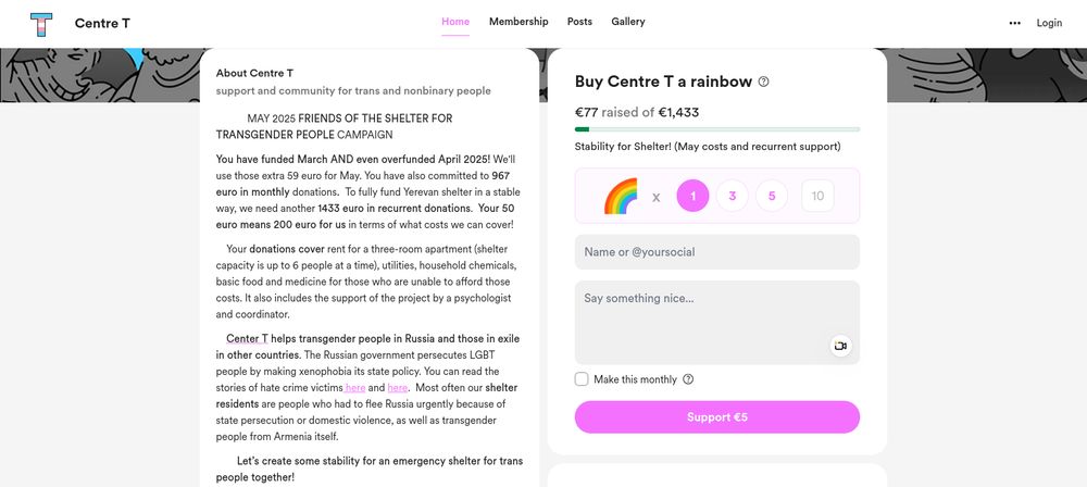 MAY 2025 FRIENDS OF THE SHELTER FOR TRANSGENDER PEOPLE CAMPAIGN

You have funded March AND even overfunded April 2025! We'll use those extra 59 euro for May. You have also committed to 967 euro in monthly donations.  To fully fund Yerevan shelter in a stable way, we need another 1433 euro in recurrent donations.  Your 50 euro means 200 euro for us in terms of what costs we can cover! 

Your donations cover rent for a three-room apartment (shelter capacity is up to 6 people at a time), utilities, household chemicals, basic food and medicine for those who are unable to afford those costs. It also includes the support of the project by a psychologist and coordinator. 

	Center T helps transgender people in Russia and those in exile in other countries. The Russian government persecutes LGBT people by making xenophobia its state policy. You can read the stories of hate crime victims here and here [links are on buy me a coffee site].  Most often our shelter residents are people who had to flee Russia urgently because of state persecution or domestic violence, as well as transgender people from Armenia itself. 

Let’s create some stability for an emergency shelter for trans people together!  
