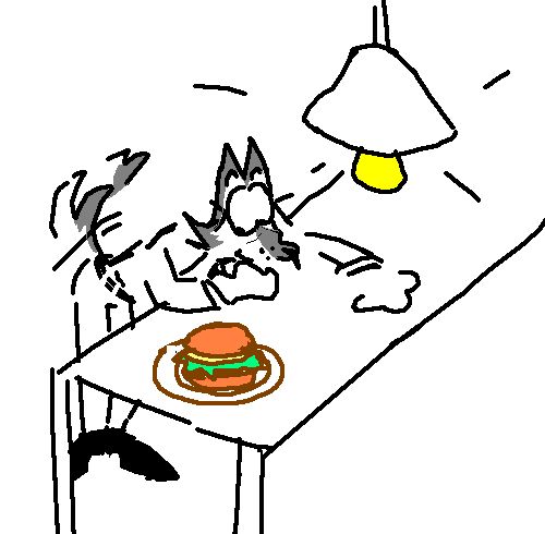 Ben, a wolf, stands at the table and looks at the burger, he wags his tail. Burger and light bulb are colored, everything else is monochrome