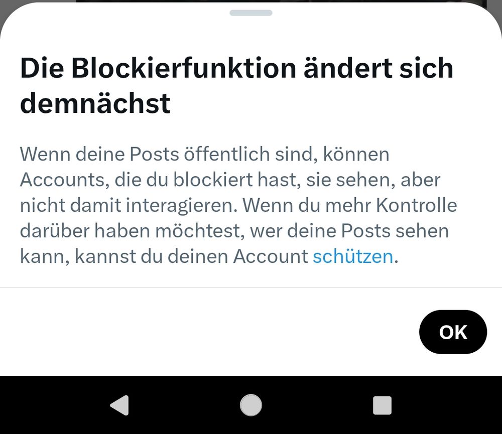 Datenschutz a la Twitter. Blockierfunktion faktisch aufgehoben. Screenshot zeigt ausschließlich Zustimmung und Link zu FAQ wie man geschwächte Schutzeinstellungen macht.