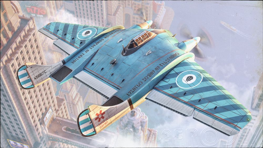 Digital art depicting a flying-wing aircraft painted azure blue, gliding high above a city full of skyscrapers built in shallow water. The plane has a trilobite insignia on the wings, and text reads "Sovereign Compact of Ebbtide" in English and the Ebbtide language.