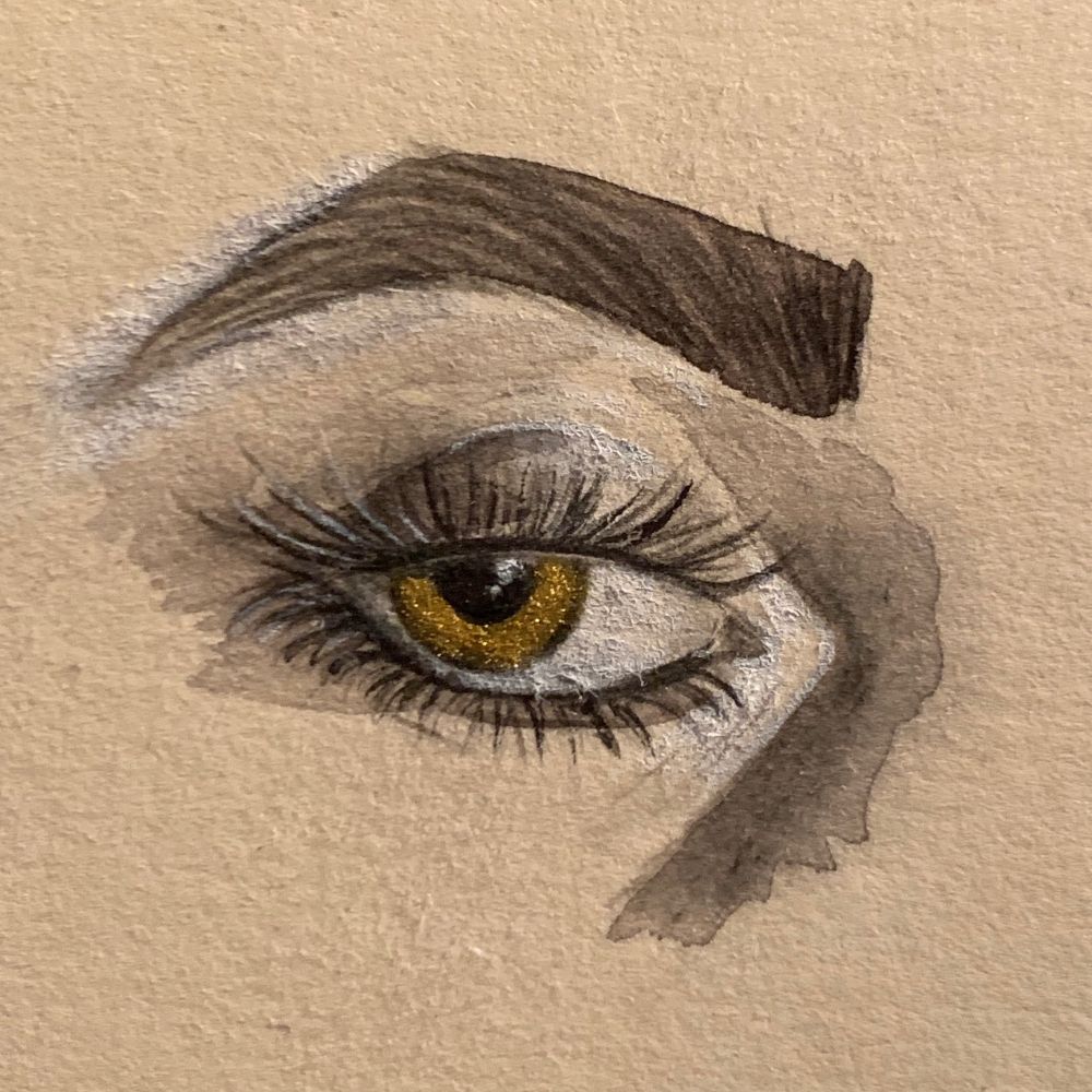 Graphite pencil, liquid graphite, white Pitt pencil, gold metallic ink, white paint pen, white gel pen.

Mixed media sketch of Billie Eilish’s right eye. right eye.