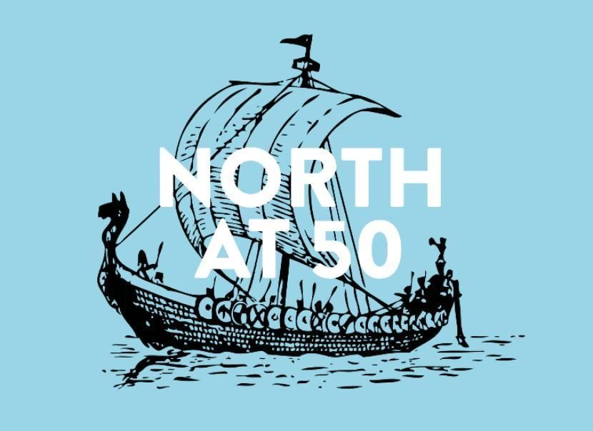 Illustration of a Viking-style longship with oars and a single sail on a pale blue background. Bold white text over the sail reads: “NORTH AT 50.”