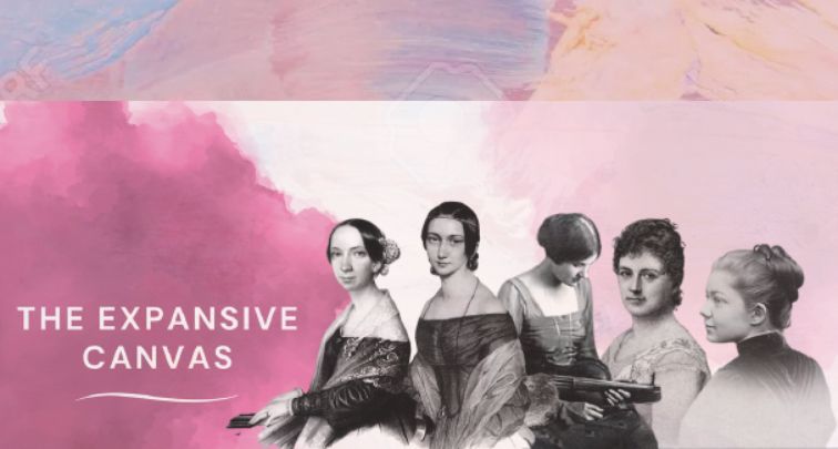 A digital collage featuring five 19th-century women composers in grayscale, positioned in front of a pink and lavender watercolour background. Each woman is dressed in period clothing and holding or positioned near musical items such as sheet music or instruments. The title The Expansive Canvas appears on the left in white serif font.