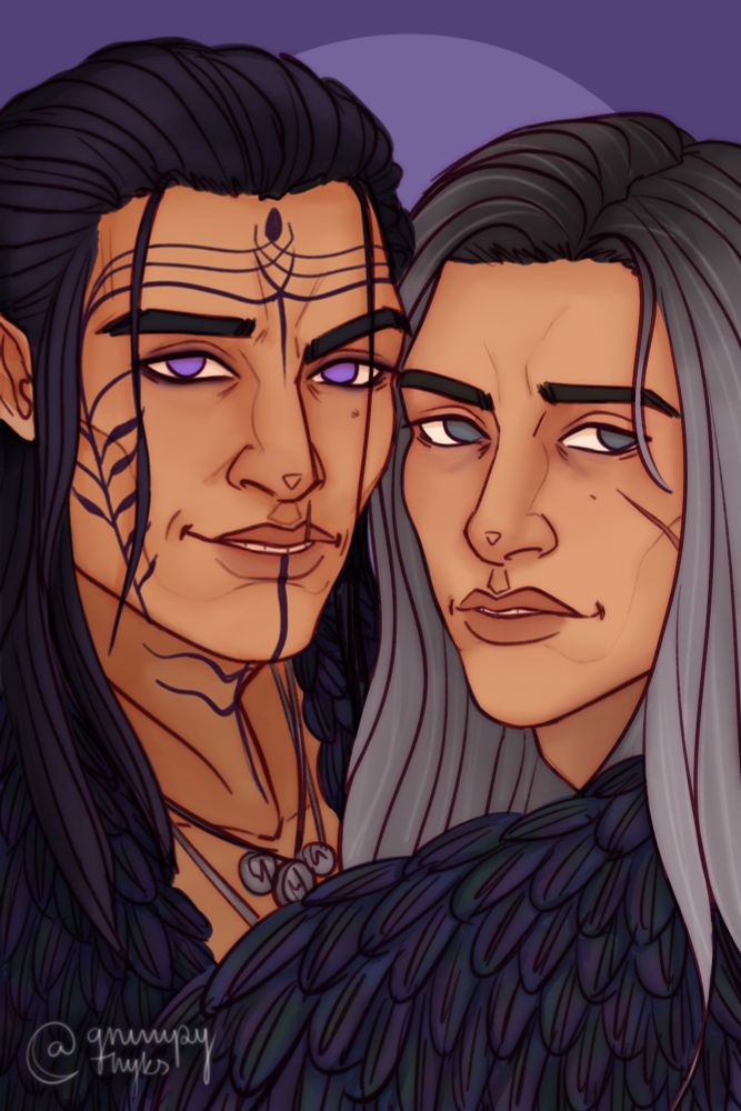 A drawing of Rhys (belongs to @dalishbandit.bsky.social) - a long dark-haired elf with violet eyes, on the left side of the picture, and Elion (belongs to @justmonifer.bsky.social), a long grey-haired elf with grey-ish eyes on the right.