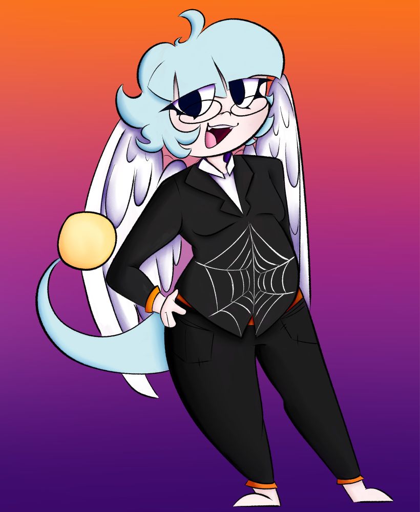 My angel persona wearing a spider web tuxedo and black pants with orange hems