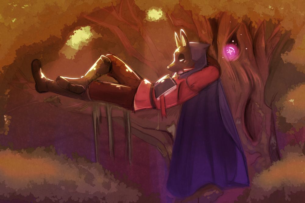 Renny relaxing with his arms behind his head and his legs resting on the branch of a tree. He has a black fox mask on, a book resting on his chest, and a blue cape that drapes over the side of the tree. A round orb glows in the notch of a tree resting behind Renny’s head. 