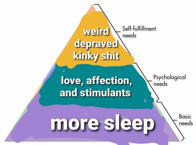 Pyramid of needs with the three categories: self-fulfillment needs = weird depraved kinky shit, psychological needs = Love, affection, and stimulants, basic needs = more sleep