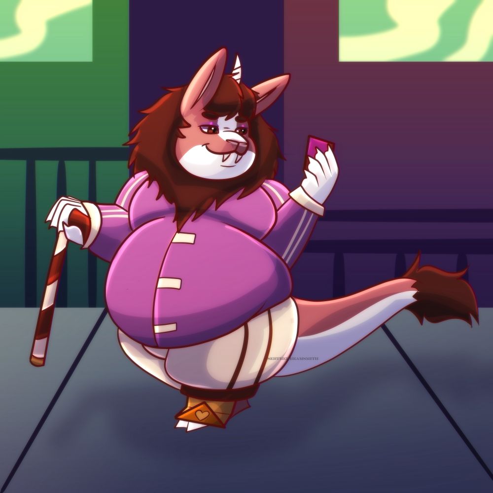 A fat lapicorn (short rabbit lion unicorn hybrid anthro) in pink and tank athleisure on a stroll through a colorful city sidewalk. He has a prosthetic left foot and a spiral banded cane he is walking with while looking at his phone at night 