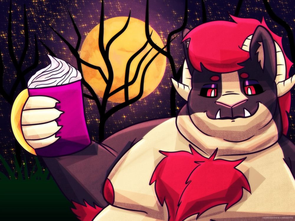 A fat furry monster with blue and tan fur and pink hair; holding a cup of cocoa. Behind them is a night sky with a brilliant orange moon. Dark shadows of trees over a deep green field 