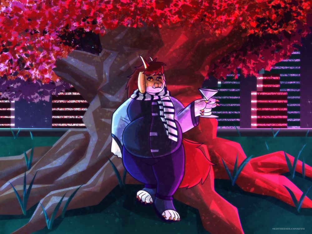 A rooftop garden in a brilliantly lit neon city at night. Lounging against the large central tree is a furry monster colored like amber and with eyes, horns, and claws of the same. He is holding a martini glass in his left hand and posing with it, and looking at the viewer kindly. He is wearing a soft jacket, a scarf, sweatpants, and open toed shoes. The scene looks like late autumn based on the leaves of the tree.