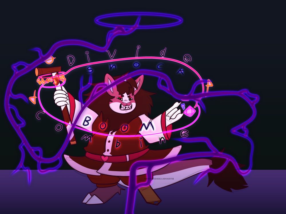 A WIP image of a small furry figure in robes with a cane and a prosthetic leg. He is aggressively casting a spell. His left hand has his index and pinky pointed outward: a Sigil for fire over the index, and one for air over the pinky. Between is one for mind (Mercury. From the fire Sigil flows a line that says “Divide” above and “Shock” below. This leads to a loop around his cane, under which are a bunch of yellow runes meant to represent lightning. Above it is a yellow rune for Body (Salt). A second loop connects back around to the air sigil, with “Boom” written above it and “Combine” written below. An angry purple lash of lighting is called down from a purple circle above his head.