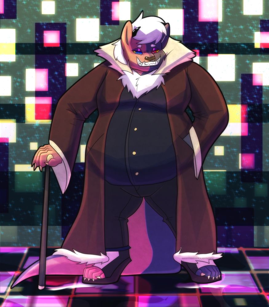 A fat monster furry with Mustelid traits, wearing a fur trimmed coat and standing with a cane. He as a smug, slightly mean of playful look on his face. He is half red and half blue with white hair and small black horns. He is standing in an astral starry expanse with a pink and black tiled floor and geometric designs behind him; between him and the stars 