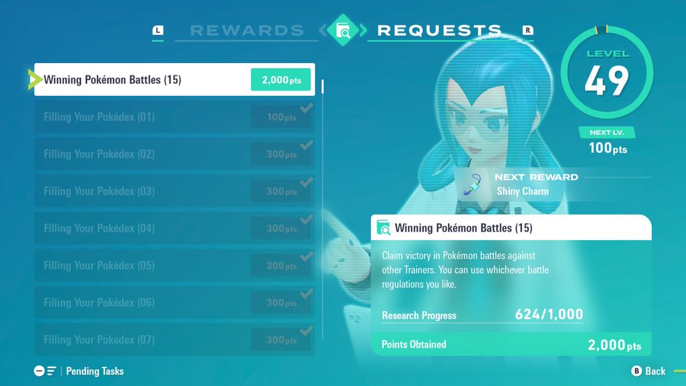 The research task screen in Legends Z-A. I am at research level 49, needing only 100 points to hit 50, the highest level. The only remaining research task requires battling 1,000 Trainers, lifetime total. I am only at 624 battled. The task is worth 2,000 points, considerably more than I need.