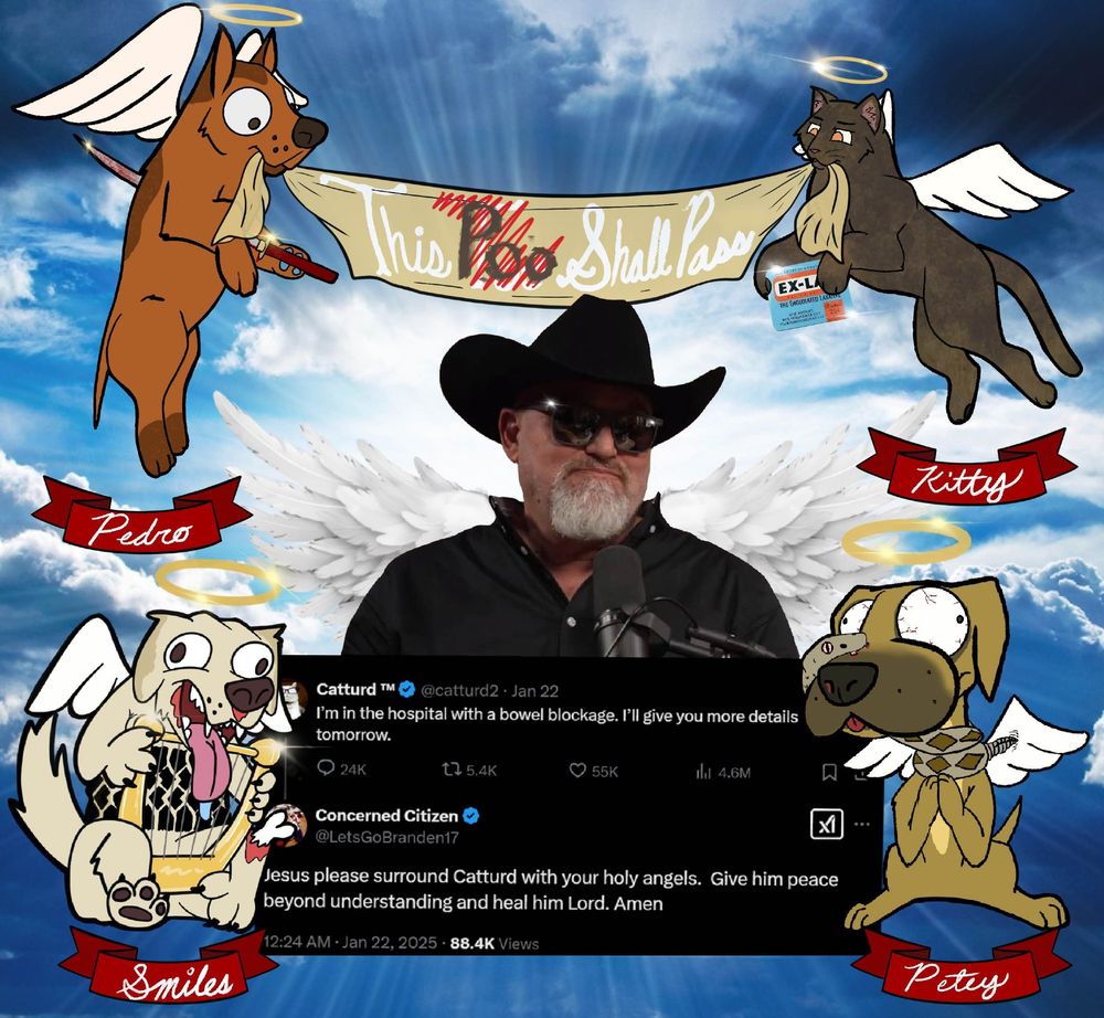 a photo of catturd above a post where he alerts the world that he has an obstructed bowel, and a follower urging Jesus to surround Catturd with his holy angels. The angels surrouning catturd in the image are four of the many dead pets catturd has posted about over the years. The two above him are holding a banner that says, "This Poo Shall Pass". Artwork by spacecadetkibs@bsky.social 