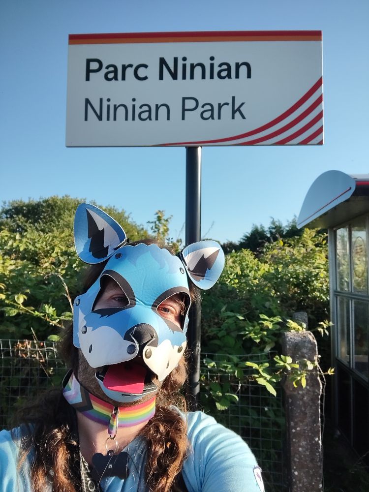 Jev in pup hood at Ninian Park station.