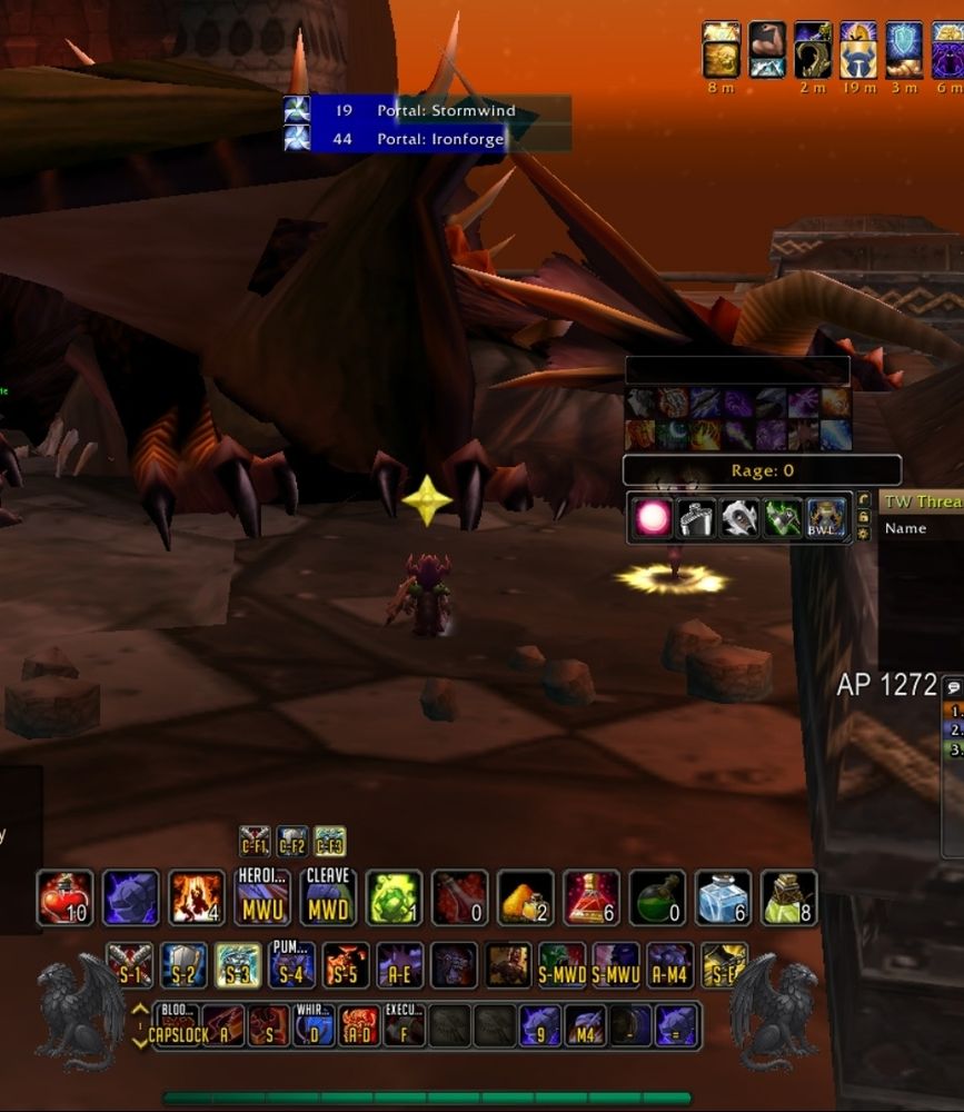 A cropped screenshot of Turtle World of Warcraft. A large dead dragon is in the background with a small gnome in front. The gnome is carrying an enormous shield and an axe. 