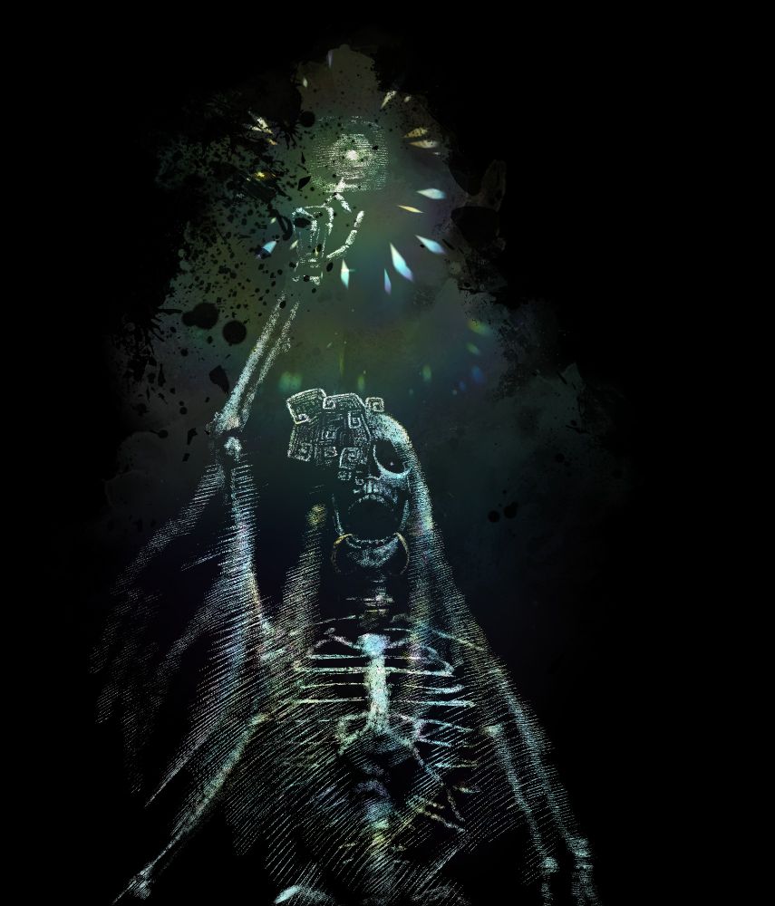 A bust shot of a four-armed skeleton with a bismuth-like growth in its right socket and a opal-like color raises its upper right arm to create a point of light in the darkness above it