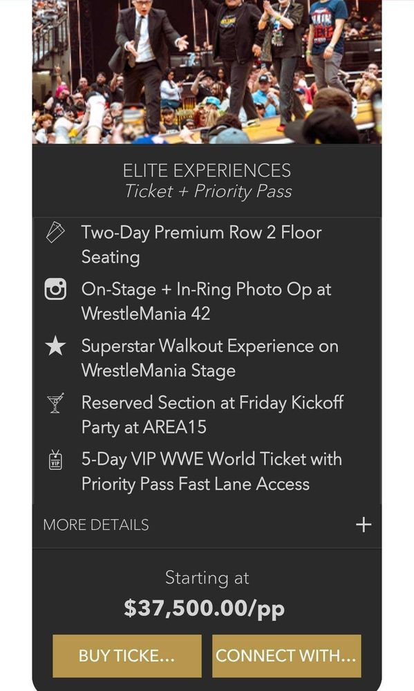 An Elite Experience package for WrestleMania 42 priced at $37.5k per person.