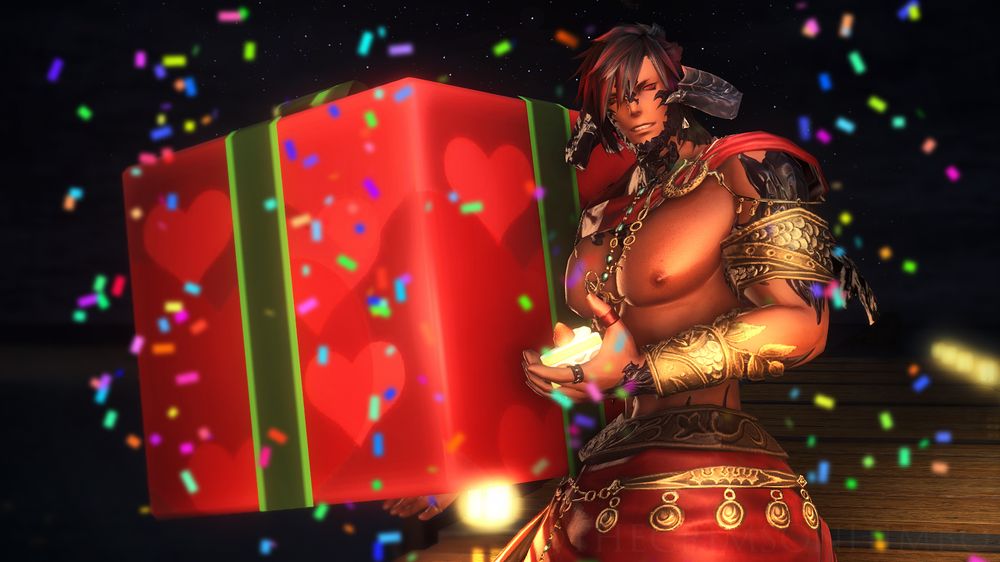 A 2022 birthday photo of Azazel in red and gold armor, holding a giant birthday present while having a piece of cake in his left hand.