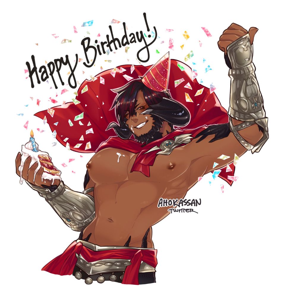 A Happy Birthday piece featuring a smirking Azazel in revealing red armor, with a party hat on his head, confetti behind him, and a piece of cake in his right hand. This was a commissioned piece done by @ahokassan.bsky.social in 2021!