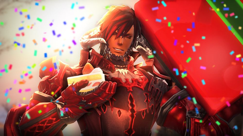 A 2023 birthday photo of Azazel in full-on red armor, holding a piece of cake in one hand and a giant present in the other.