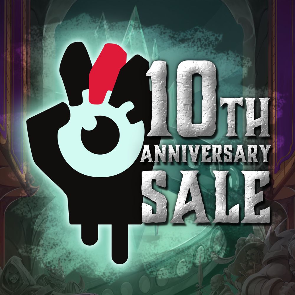 Our logo, the severed hand and eye of “Valda”, hovers in the center of this square formatted image. “10th Anniversary Sale” hovers next to it in a blocky silver distressed font. The background is a distressed version of the staircase in Valda’s spire.
