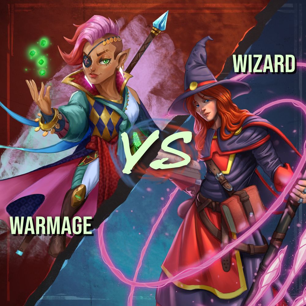 Warmage vs. Wizard | Two entirely different schools of thought – but in spellcasting, a thought can rip the world asunder.

The undisputed masters of cantrips, warmages turn the most humble spells into deadly weapons via an array of tricks.

Wielding a full arsenal of leveled spells, wizards wrest their power from the interwoven magic of their world by wit and rote study.