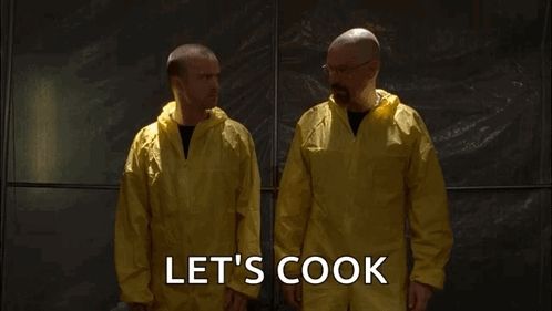 two men in yellow coveralls are standing next to each other with the words let 's cook written on the bottom