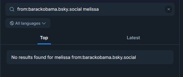Search of barack obama's account for any mention of melissa. none
