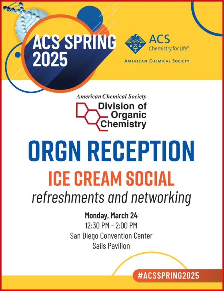 Coming to the #ACSSpring2025 in San Diego?  
Join us at the @ACSorganic ORGN Ice Cream Social on Monday March 24 at 1230 pm in the Sails Pavilion at the San Diego Conv. Center.
