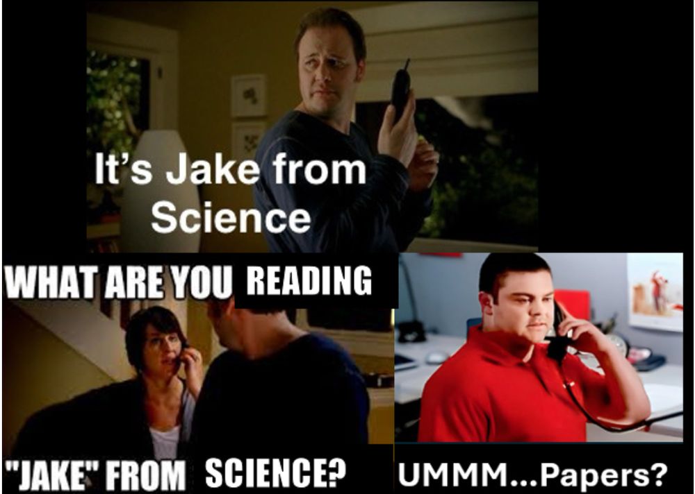 Man holding phone saying it’s Jake from science 2nd panel woman says what are you reading Jake from science and 3rd panel Jake replies ummm papers