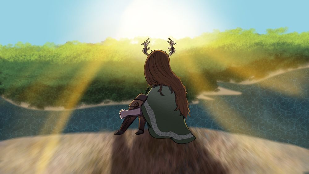 A drawing of Talon’s vtuber on a cliff facing the sunset.