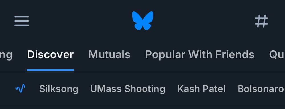 Screenshot of Bluesky Discover feed listing Silksong UMass Shooting Kash Patel Bolsannaro