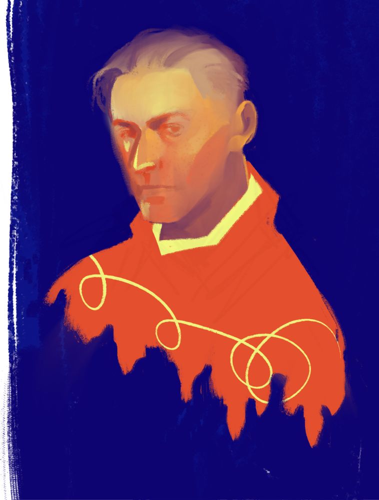 Digital portrait drawing of Hans Capon from Kingdom Come Deliverance in a limited yellow and red color palette against a blue background.