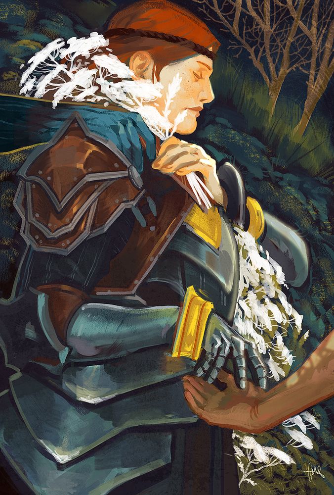 Digital art of Aveline from Dragon Age 2. She's holding a bouquet of white yarrow flowers and reaching for a man's hand entering from off frame. A second corpse's hand is reaching after her from the opposite side to touch her shoulder.