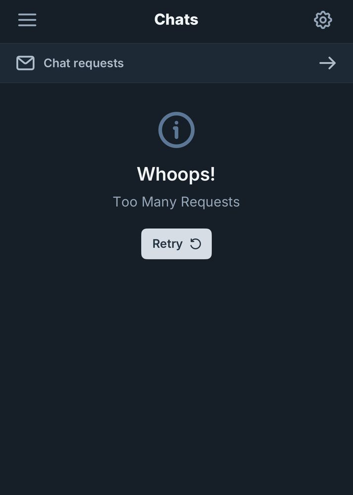 A screenshot of blue sky’s direct messaging screen that says “Whoops! Too Many Requests” with a retry button underneath 