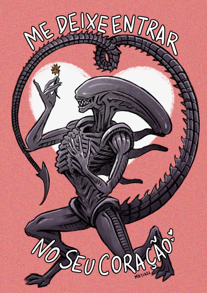 xenomorfo oferecendo uma flor com a frase "me deixe entrar no seu coração" ao redor. sua cauda também faz um desenho de coração e o fundo é rosa