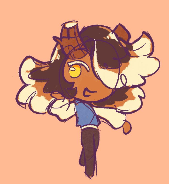 Rootbeer Cookie; A cookie dressed modestly with cut root horns and dark flowing hair that fades to a light foam shade and curves into long bangs that cover one of its eyes and reach its shoulders
