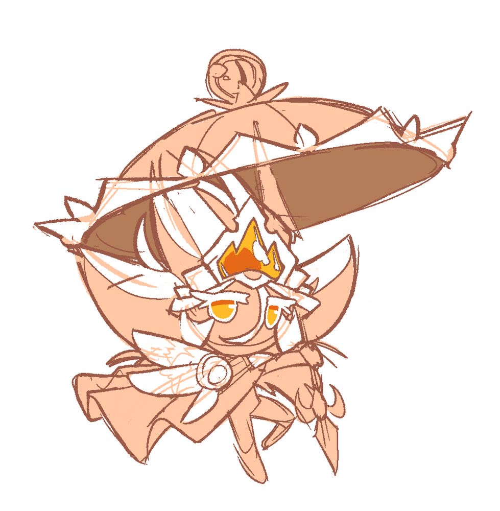A quick sketch of Radiant Baking Powder Cookie; a brightly colored Cookie with extravagant hair holding an umbrella and wearing a big flowing cape that is accented by a big shoulder crest in the shape of a wing.
