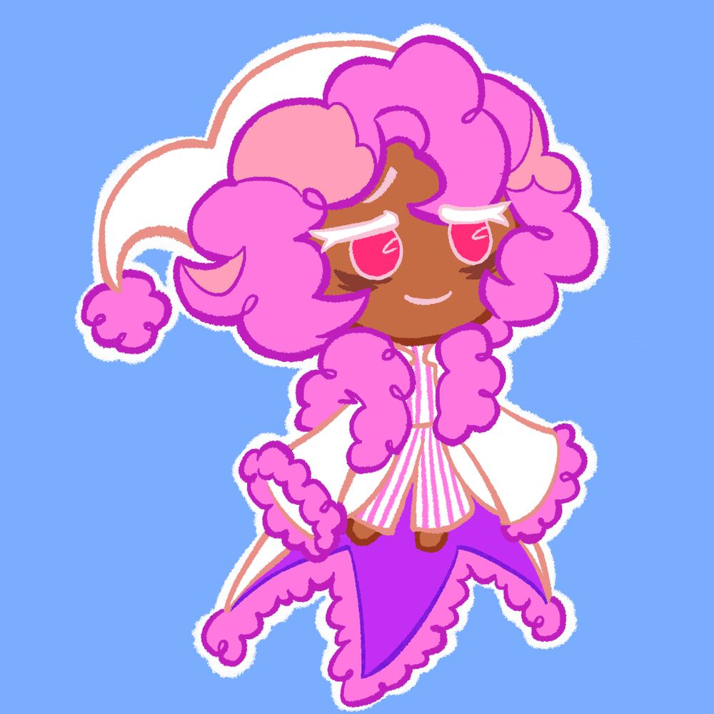 Sleepy Cotton Candy Cookie; a tired looking Cookie with noticeable eyebags and poofy curly hair wearing big draping comfortable clothes with fuzzy accents going around their shoulders.