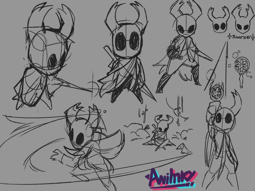 sketches of the knight, or ghost, or vessel. a few of these are stylized.