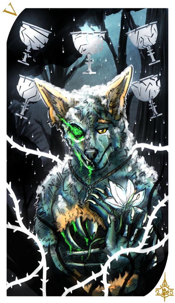 Half-Skeleton Half Fox holding a wilting lily within their paw, 5 cracked and shattered chalices hang above their head, wreathed in thorny vines in a delicate first snow of the Fall.