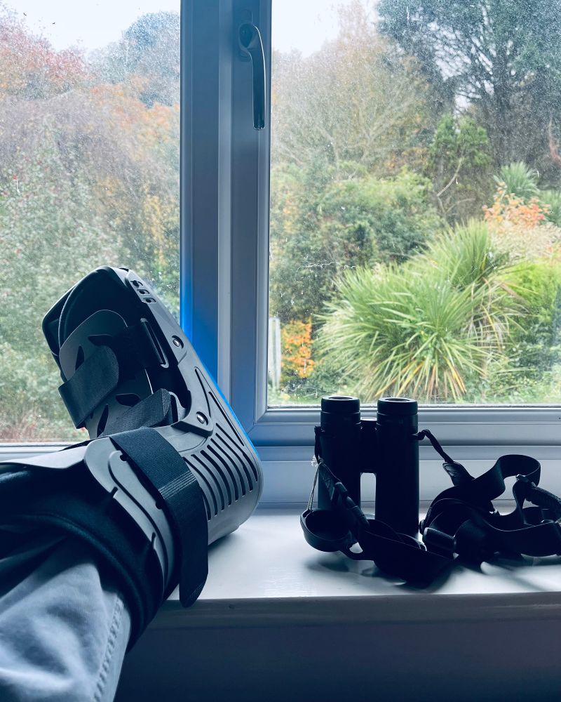 Protective boot and binoculars. 