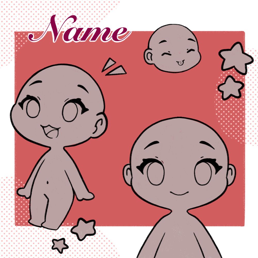 Chibi YCH sheet with 3 designs, a full standing chibi on the left, a half body on the bottom right and a little chibi head top right, with the name of the character in the left top. Finished with a simple coloured square behind the character with some random halftone shapes overlapping the square. 