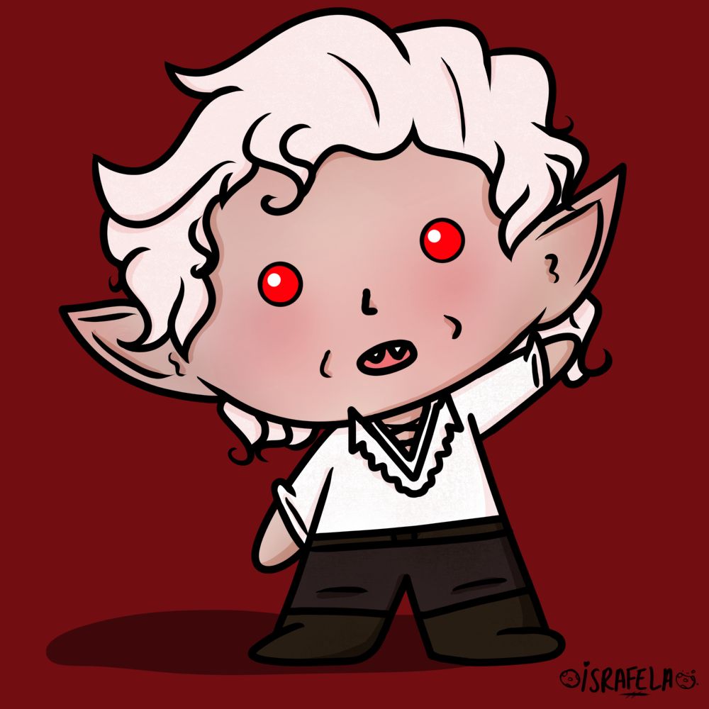 chibi Astarion from Baldur's gate 3, a elf vampire waving at you. He's wearing his canon camp clothing white shirt. His mouth is open and you see little fangs 