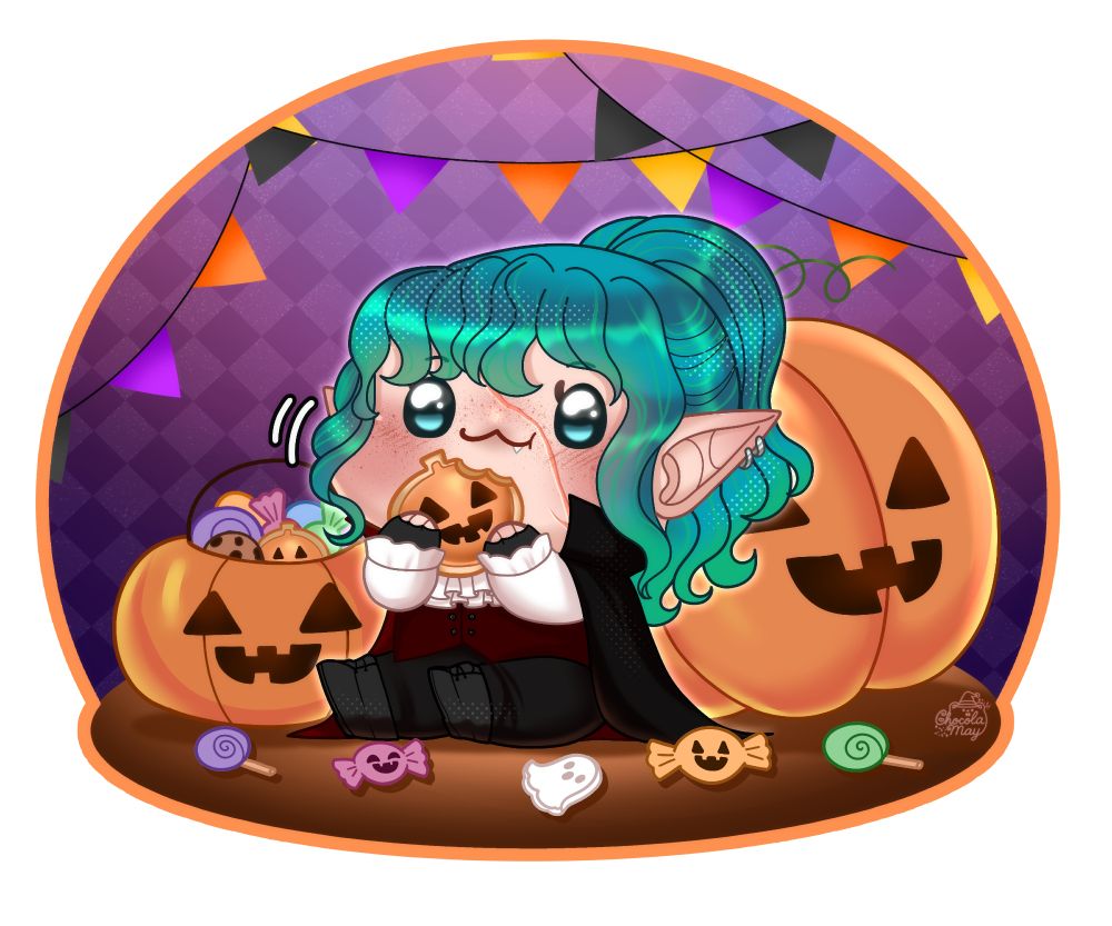 Iris dressed up as a vampire and eating a cookie with a pumpkin behind them and a pal filled with candy and cookie. There's candy and cookies spread around too