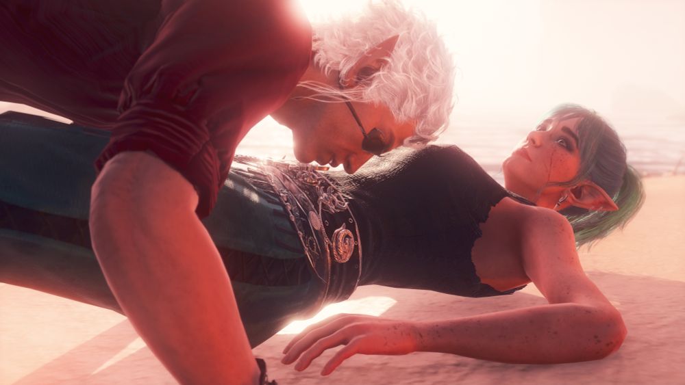 Astarion on top of Iris kissing and caressing their belly