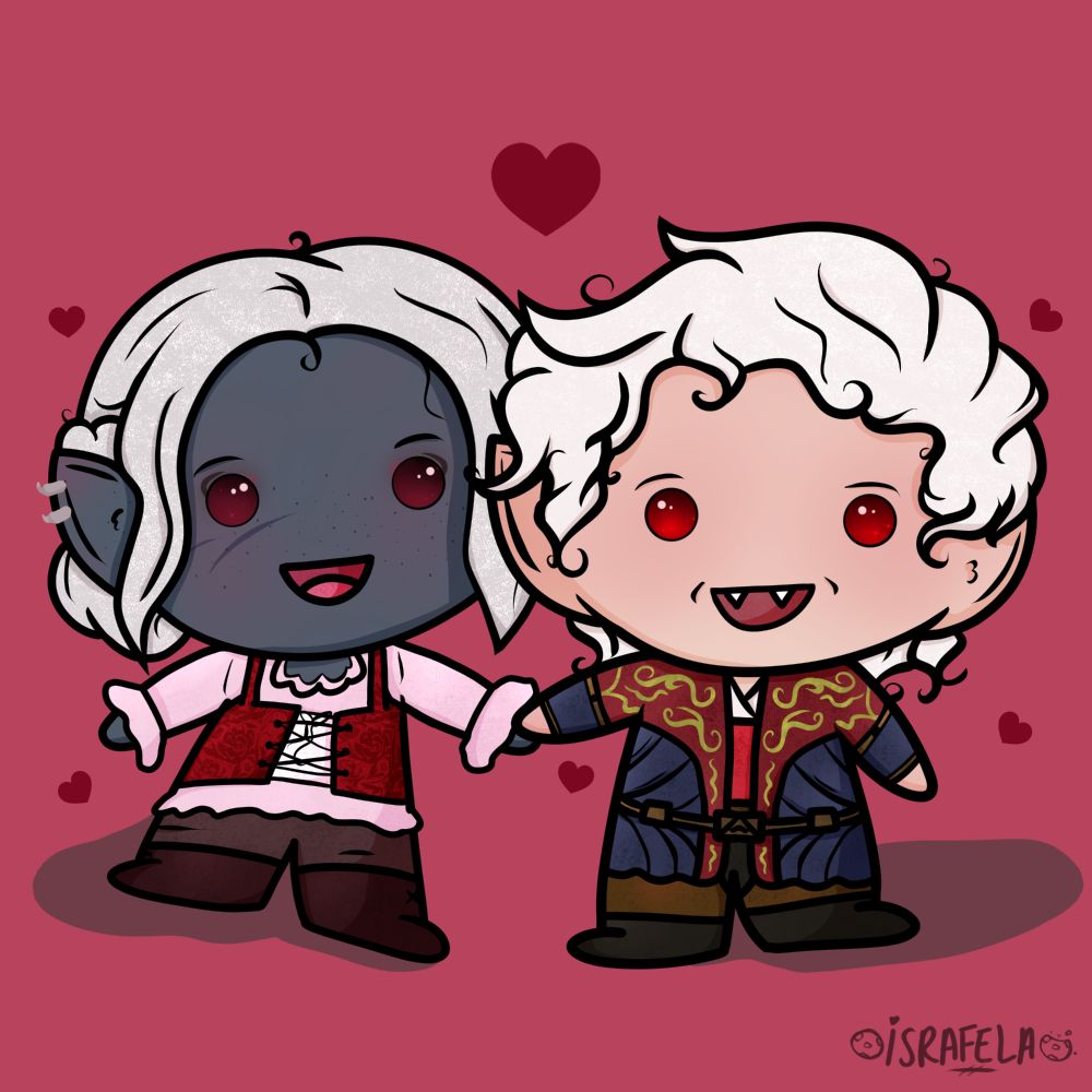 Mini chibi Astarion from baldur's gate 3  holding the hands of a white hair half elf drow with hearts all around. 