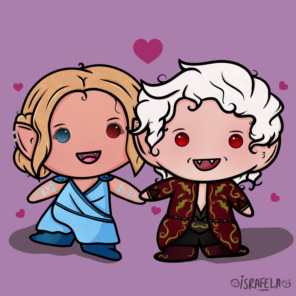 Mini chibi Ascended Astarion from #bg3 holding the hands of an blonde elf with hearts all around. 
